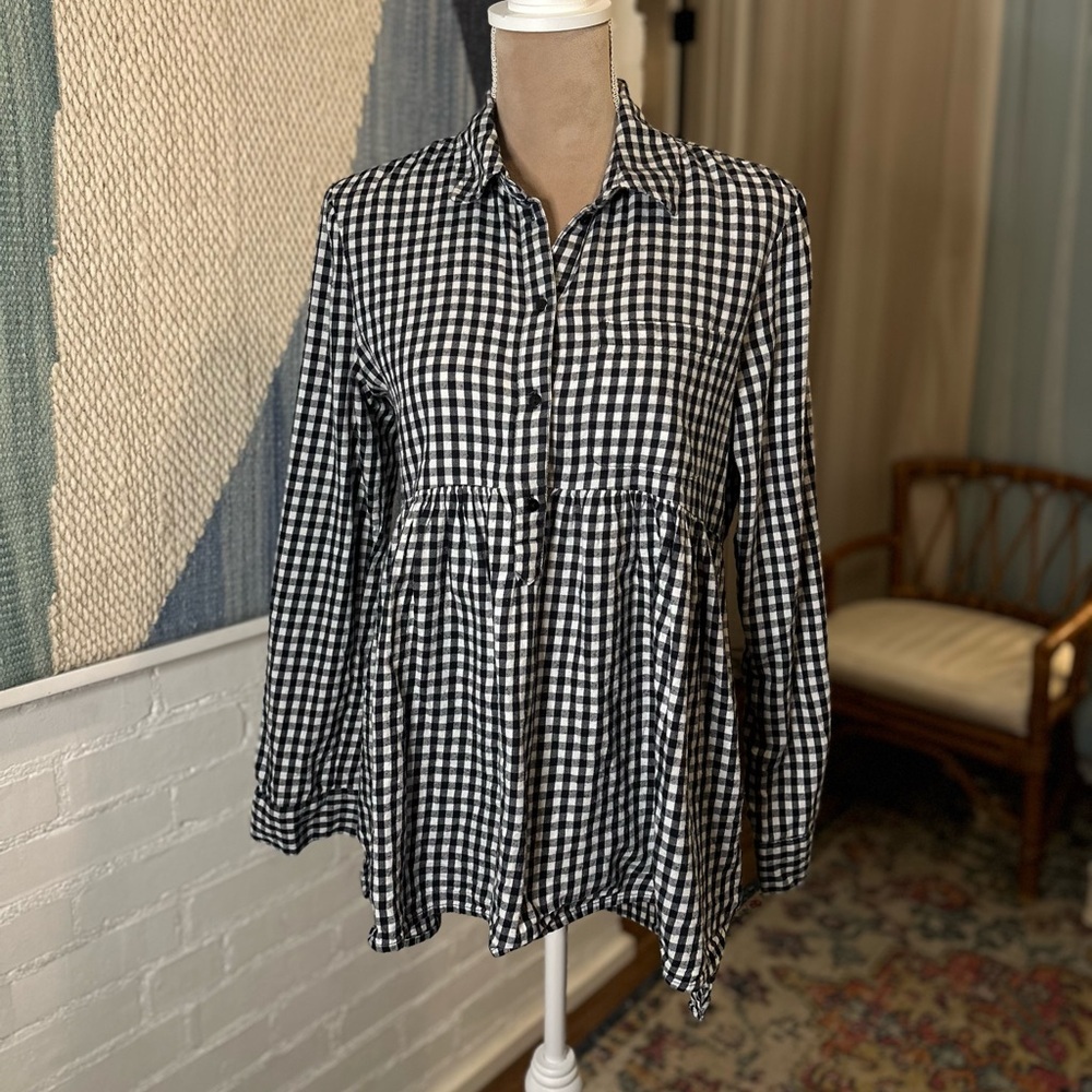 Zara Denim Collection Gingham Black and White Flowy Collared Shirt - Picture 3 of 9